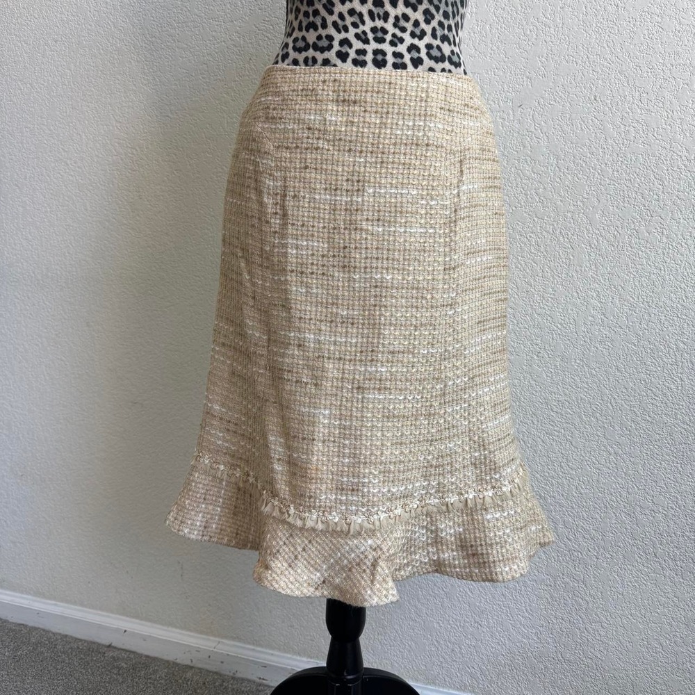 Nipon Boutique cream & tan tweed midi skirt with ruffle hem size 6